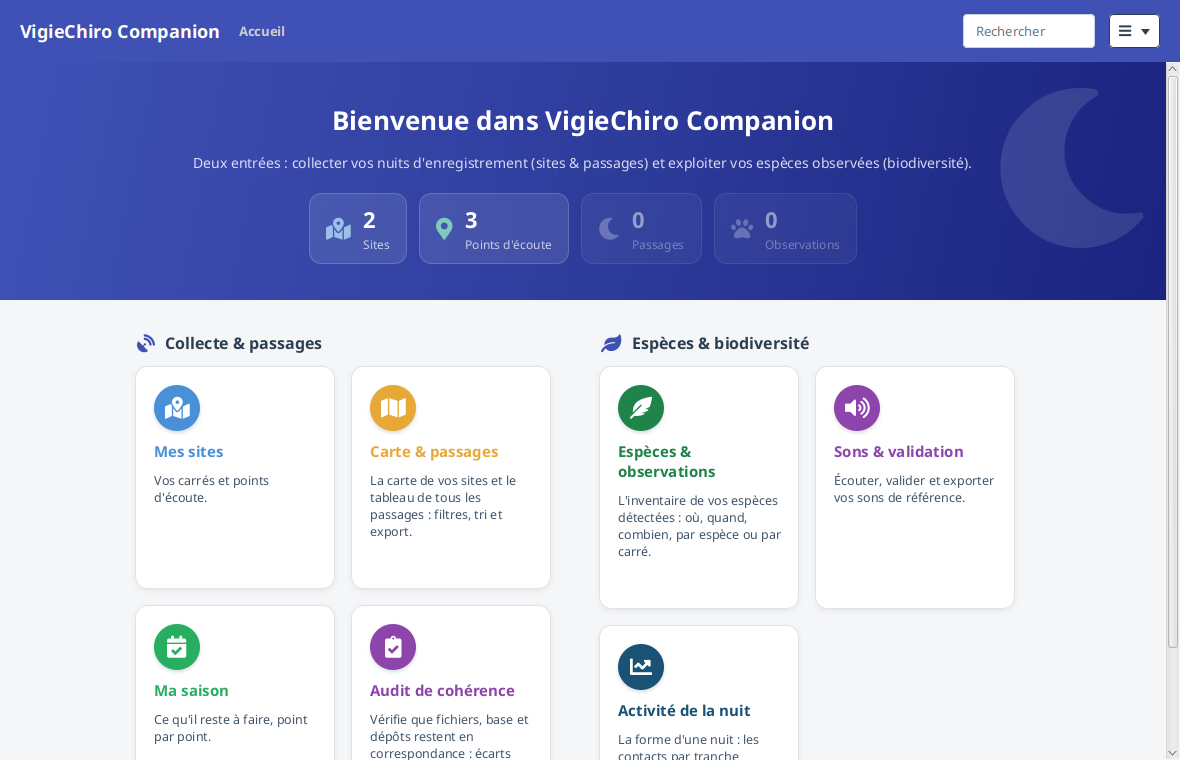 Le bandeau de compteurs : deux sites et trois points d'écoute renseignés, passages et observations
encore à zéro.