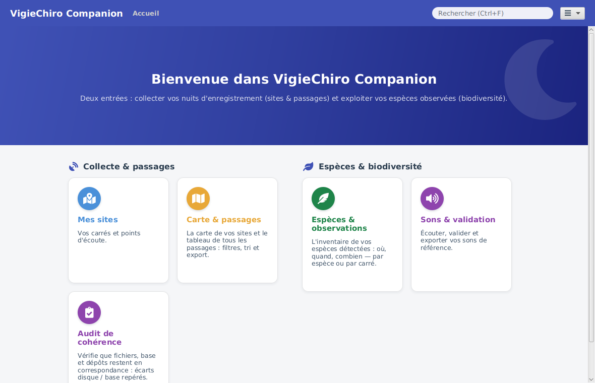 L'écran d'accueil de VigieChiro Companion, d'où vous accédez aux différentes activités.