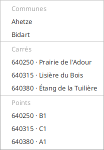 La liste ouverte de la puce « Lieu » : trois groupes nommés (Communes, Carrés, Points), les carrés paraissant sous la forme « 640380 · Étang de la Tuilière » et les points sous la forme « 640380 · A1 ».