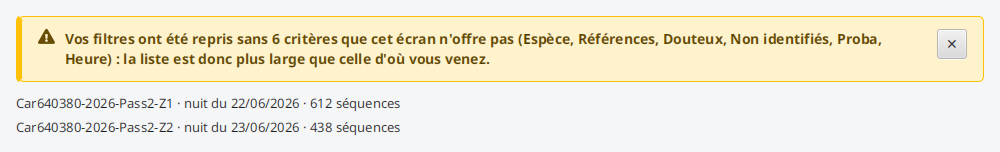 Le bandeau affiché à l'arrivée sur un écran qui n'offre pas tous les filtres de celui qu'on vient de quitter.