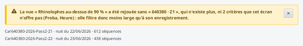 Le même bandeau quand les deux causes se cumulent : une valeur introuvable et des critères que cet écran n'offre pas.