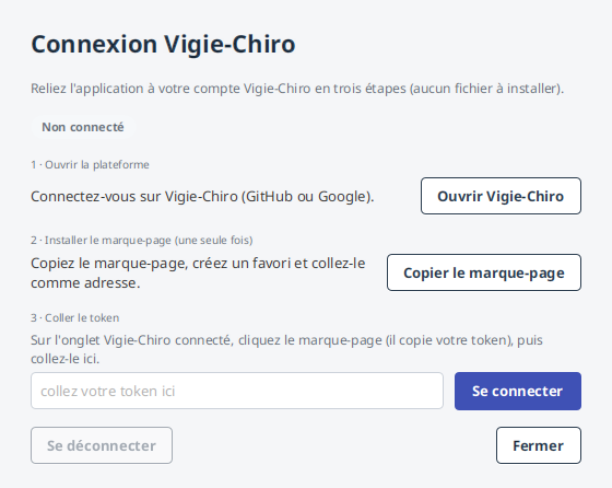 La fenêtre de connexion : les trois étapes, le champ du jeton et le bandeau d'état.