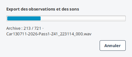 La fenêtre de progression de l'export : la barre avance fichier par fichier, le son en cours est nommé, et Annuler reste disponible pendant toute la copie.