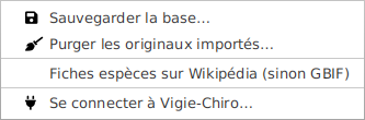 Le menu ☰ du bandeau : la case « Fiches espèces sur Wikipédia (sinon GBIF) » choisit la source des fiches hors chauves-souris.