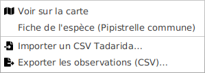 Le menu ☰ de Sons & validation, où « Fiche de l'espèce (Pipistrelle commune) » ouvre la fiche de la proposition Tadarida sélectionnée.