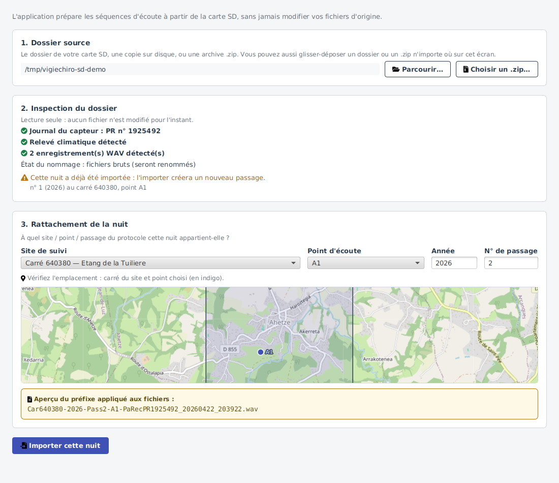 L'assistant d'import en trois temps : dossier source, inspection, rattachement.