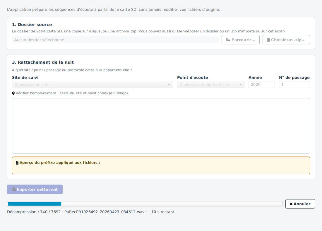 Décompression d'une archive .zip choisie comme source : progression et annulation.