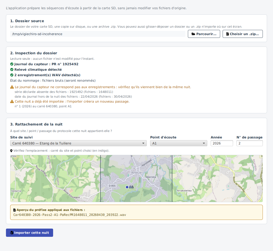Cas « incohérence » : le journal ne correspond pas aux enregistrements (série et date).