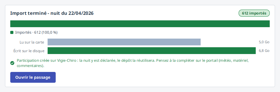 Le compte rendu de fin d'import : la mention verte annonce la participation créée sur Vigie-Chiro et rappelle de compléter la fiche sur le portail (météo, matériel, commentaires).