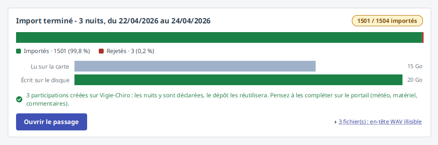 Le même compte rendu après un import de trois nuits : « 3 participations créées sur Vigie-Chiro », suivi du même rappel au pluriel.