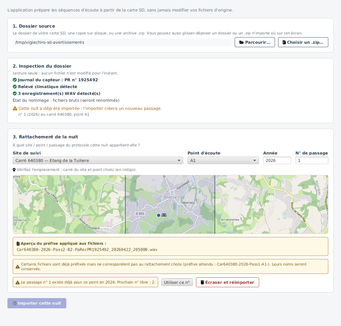 Deux avertissements de rattachement en ambre : le numéro de passage choisi est déjà pris (avec le prochain numéro libre proposé), et certains fichiers portent un préfixe qui ne correspond pas au rattachement demandé. Ni l'un ni l'autre ne bloque l'import.