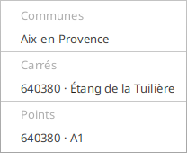 La liste ouverte de la puce « Lieu » : trois groupes nommés (Communes, Carrés, Points), le carré paraissant sous la forme « 640380 · Vallon » et le point sous la forme « 640380 · A1 ».