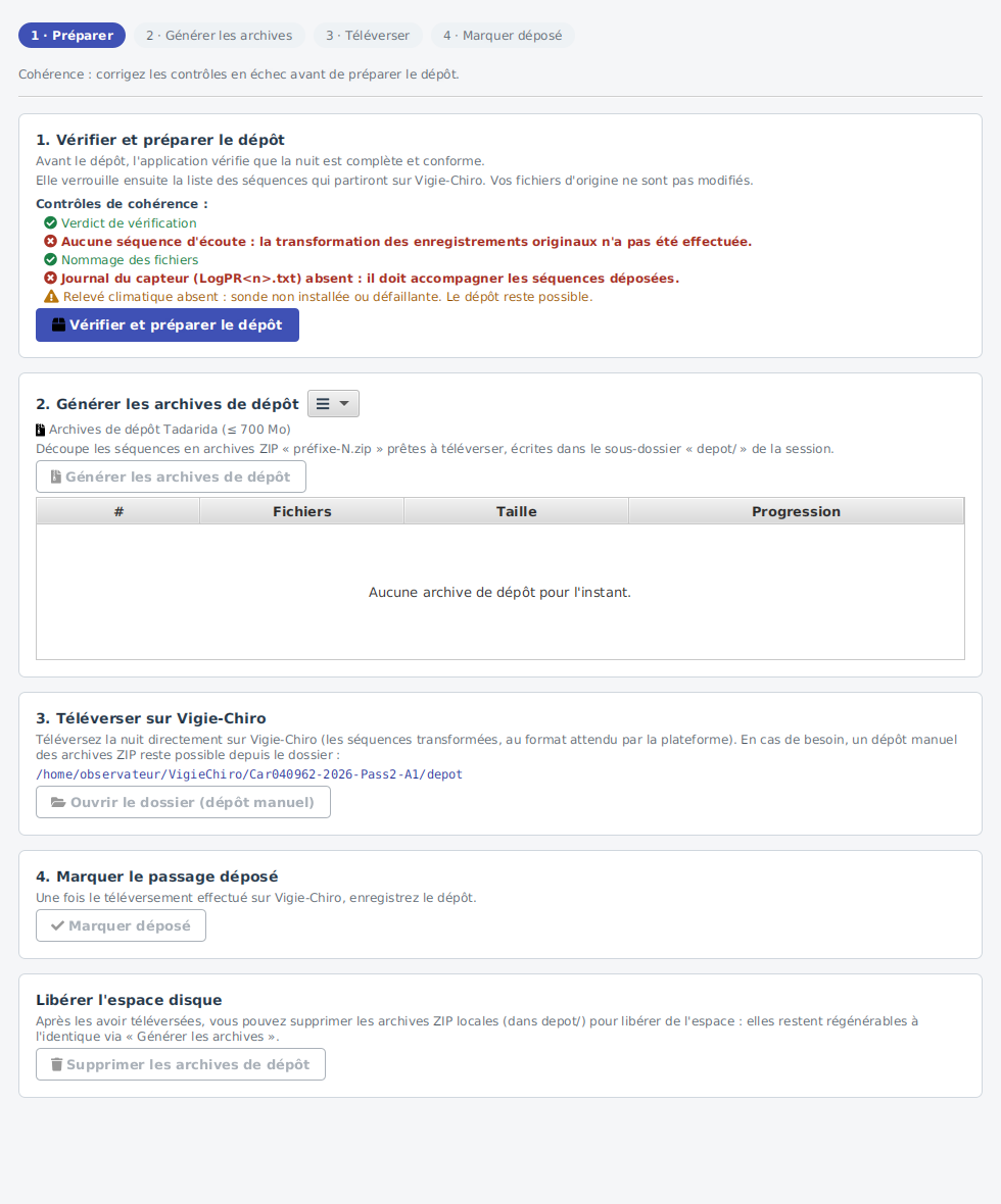 L'état incohérent : la checklist montre les contrôles ✓ et ✗ ; la préparation est bloquée.