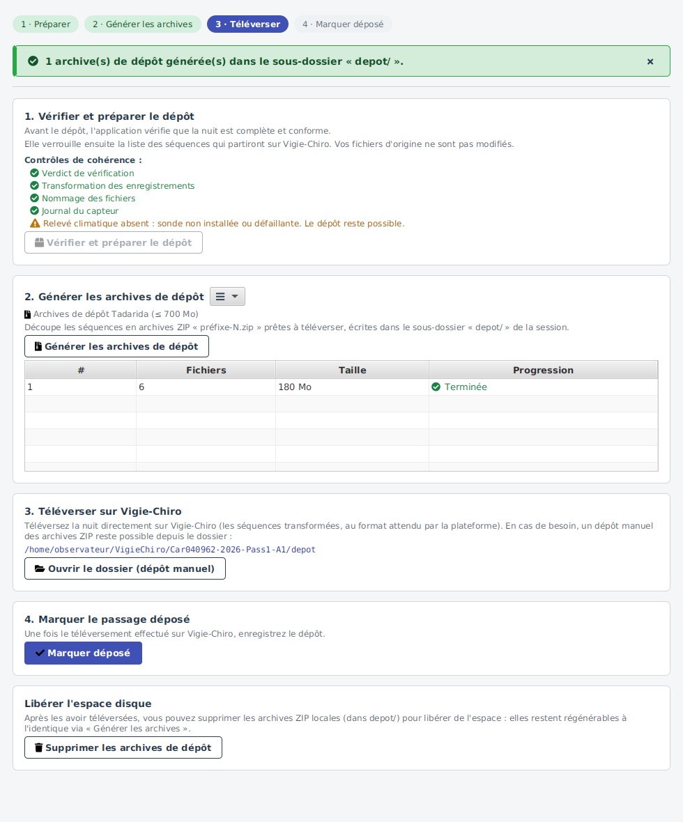 Archives générées : la liste des ZIP s'affiche et « Ouvrir le dossier » s'active.