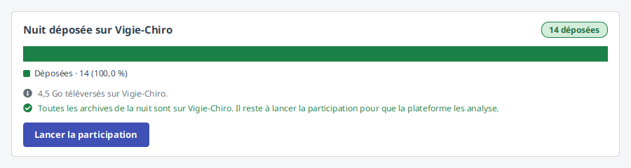 Le compte rendu d'un dépôt complet : la barre est pleine, le volume téléversé est dit, et l'étape suivante est proposée.