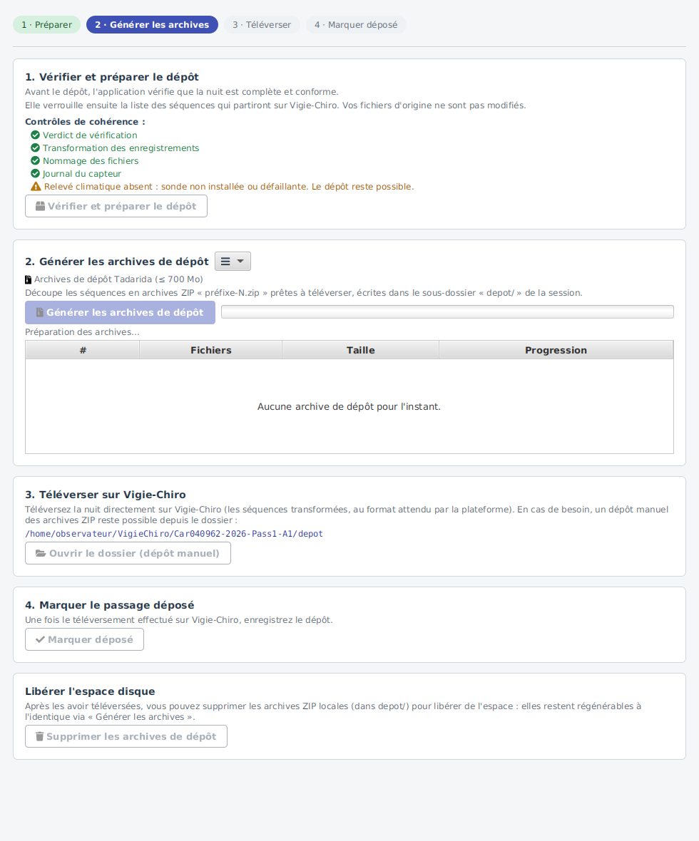 Génération des archives en cours : indicateur d'activité, actions désactivées.