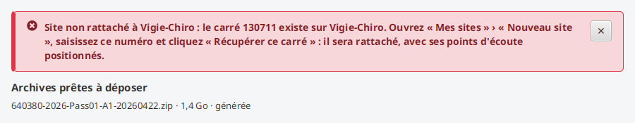 Le bandeau de refus au-dessus des archives : le site n'est pas rattaché, le carré existe sur Vigie-Chiro, et le message indique par quel geste le récupérer.