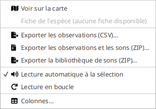 Le menu principal (☰) sur le corpus de référence : les trois exports (CSV des observations, observations + sons, bibliothèque de sons), les entrées propres à un passage restant masquées.