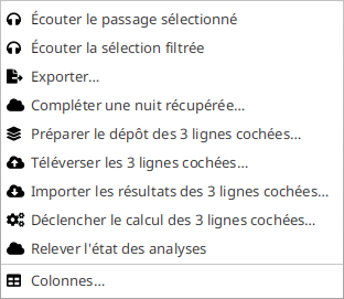 Le même menu principal (☰) avec trois lignes cochées : les quatre actions groupées sont actives et annoncent chacune « des 3 lignes cochées ».