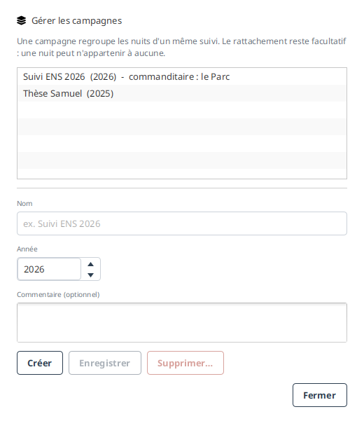 La fenêtre « Gérer les campagnes » : la liste des campagnes existantes, et le formulaire qui sert à en créer une ou à modifier celle qui est sélectionnée.