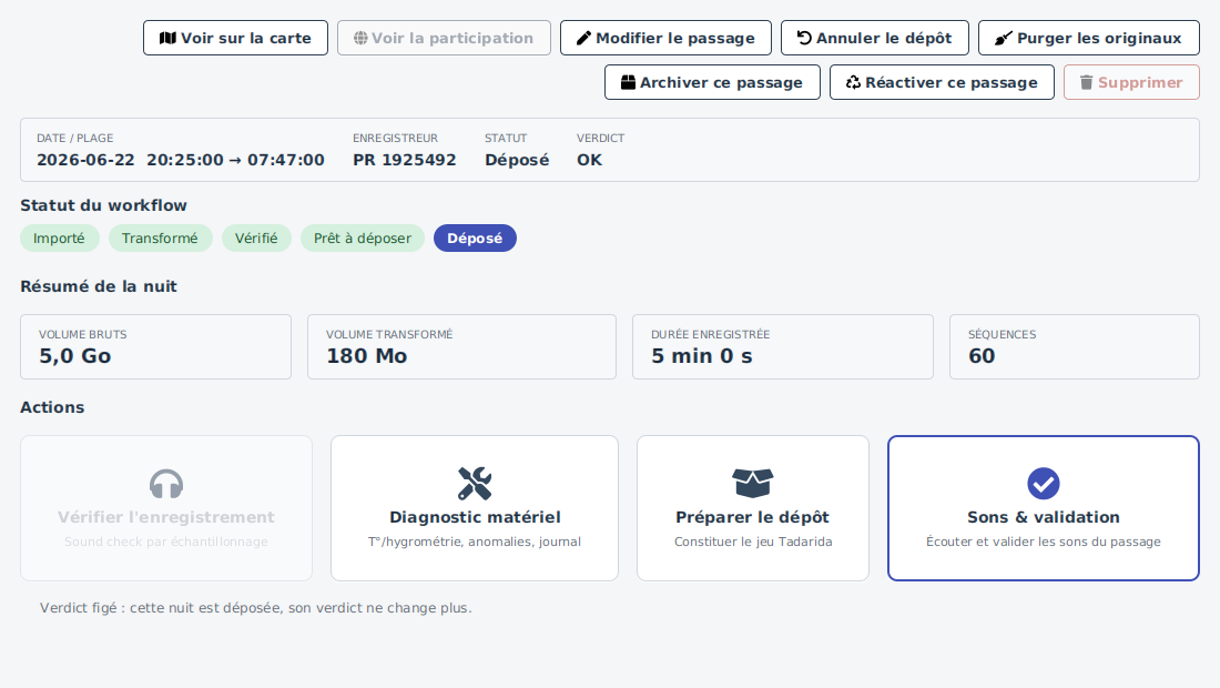 Le même pivot au statut « Déposé » : la carte « Sons & validation » est désormais accessible.
