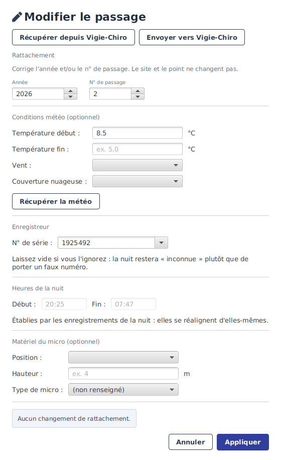 La fenêtre « Modifier le passage » connectée : les boutons « Récupérer depuis Vigie-Chiro » et « Envoyer vers Vigie-Chiro » apparaissent en haut.
