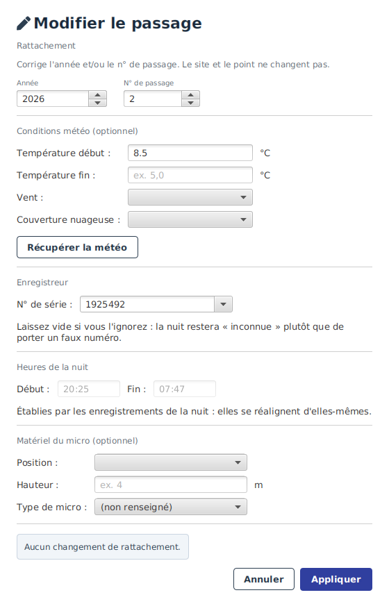 La fenêtre « Modifier le passage » : rattachement, enregistreur et conditions de dépôt.