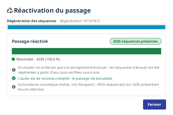 Réactivation réussie : toutes les séquences sont revenues, l'audio est de nouveau complet.