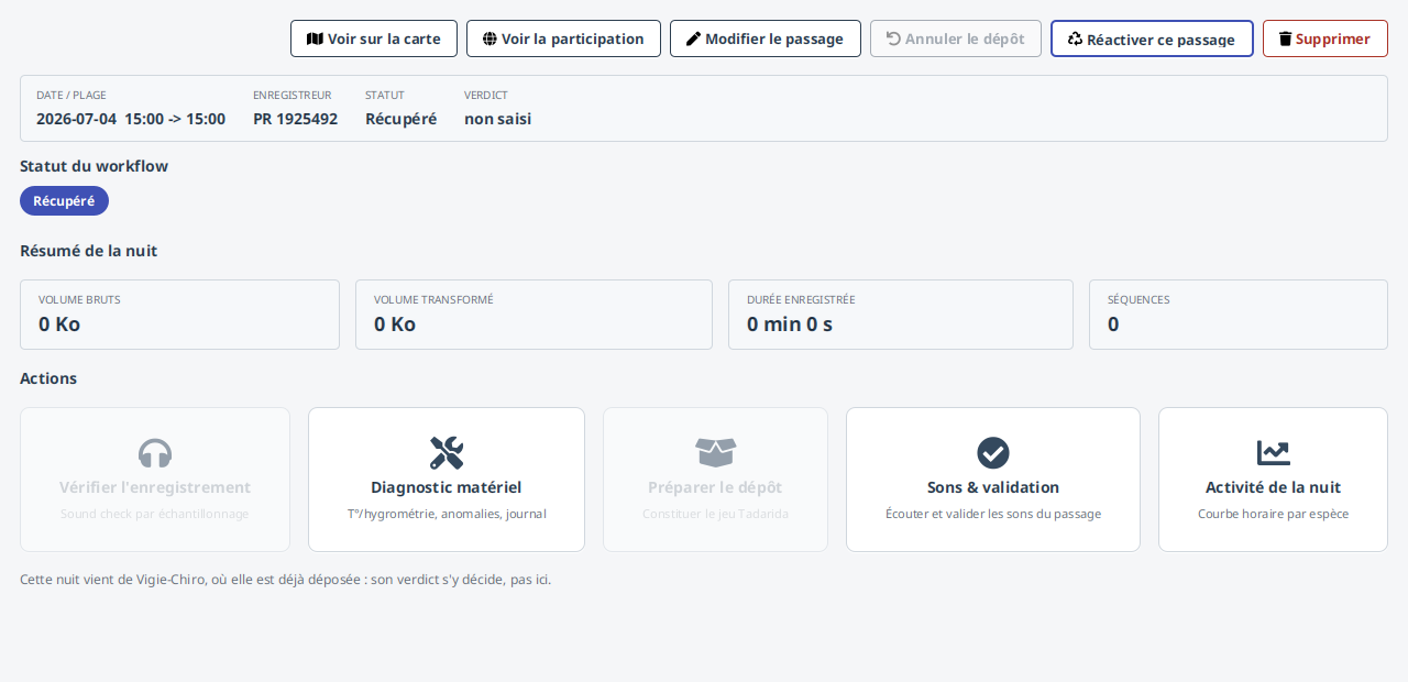 La fiche d'une nuit récupérée de Vigie-Chiro : volumes et séquences à zéro, « Vérifier l'enregistrement » hors de portée faute d'audio, et « Réactiver ce passage » actif pour aller le chercher sur la carte.