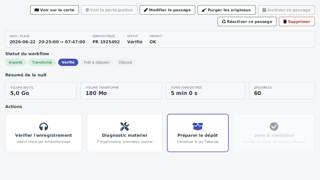 Le pivot Passage au statut « Vérifié » : la carte « Préparer le dépôt » est recommandée, et « Sons & validation » reste grisée tant que la nuit n'est pas déposée.