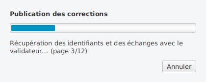 La fenêtre de progression du rapatriement : le titre de l'opération, une barre d'avancement, l'étape en cours avec son numéro de page, et le bouton Annuler.