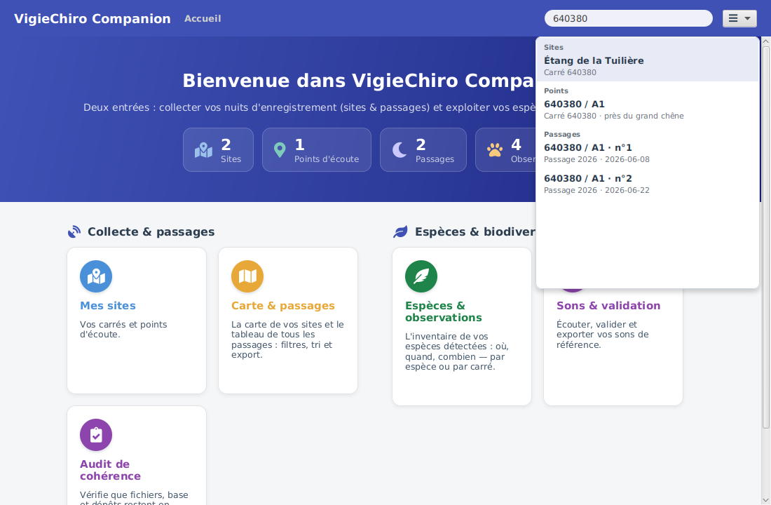 La recherche globale ouverte : la saisie « 640380 » liste les résultats groupés en Sites, Points et Passages.