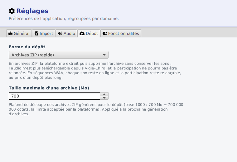 L'onglet Dépôt des Réglages : « Forme du dépôt », avec la conséquence de chaque mode sur l'audio conservé en ligne.