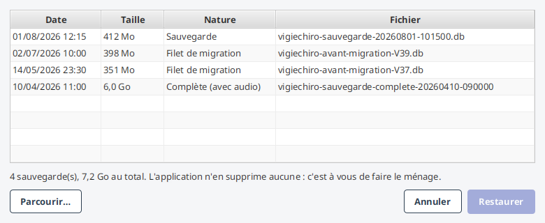 Choisir une sauvegarde à restaurer : date, taille, nature et total.