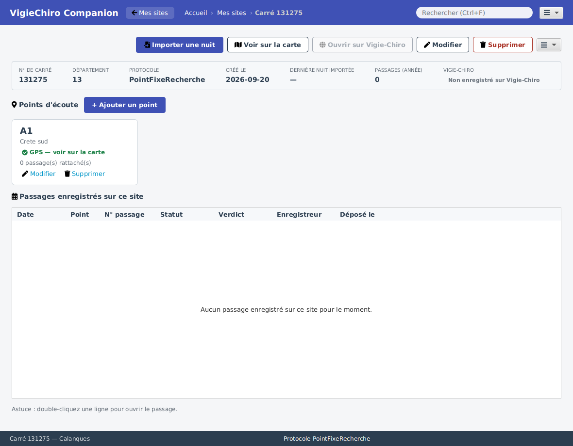 Le détail d'un site sans passage : le tableau des passages est vide.