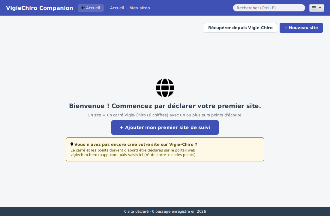 L'état initial de « Mes sites » : invitation à déclarer un premier site.