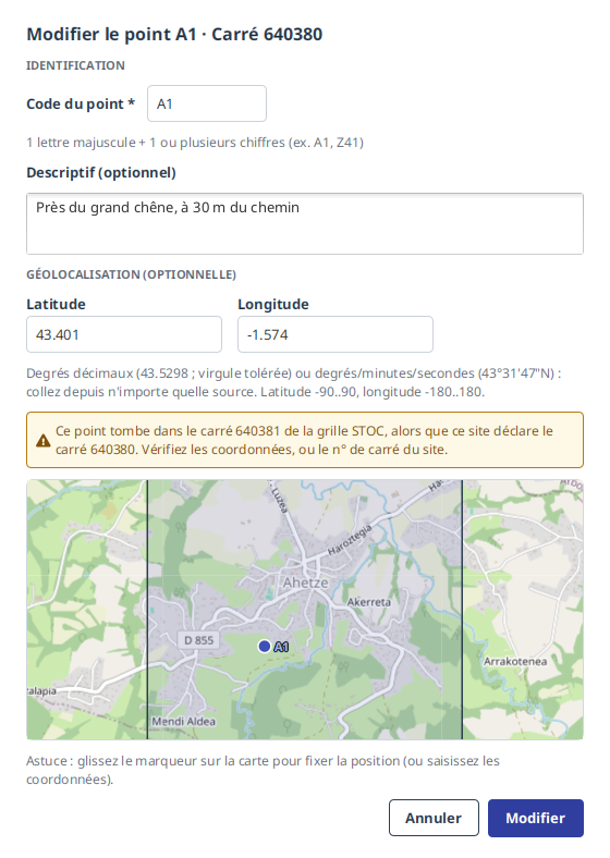 La fenêtre de modification quand la position tombe dans un autre carré : un message orange nomme les deux numéros.