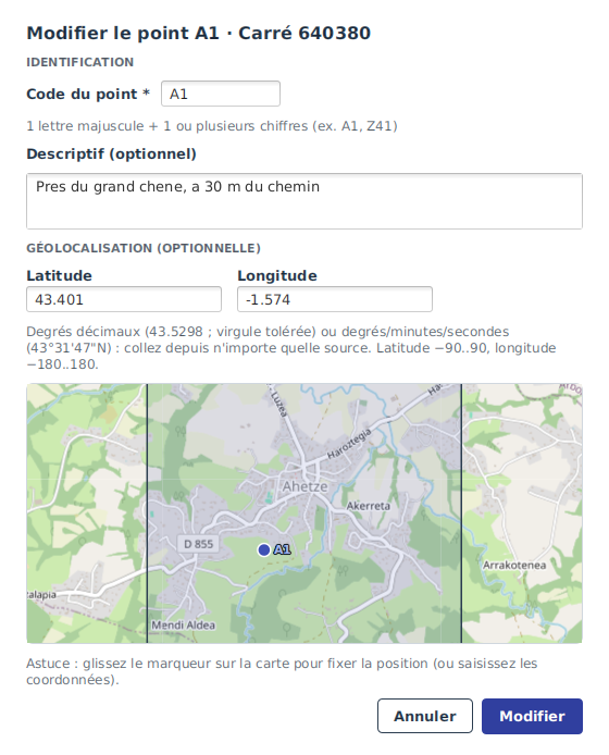 La même fenêtre en modification : les champs sont pré-remplis avec les valeurs du point existant.