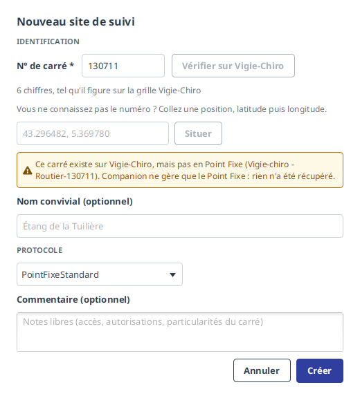 La fenêtre après une récupération refusée : le carré existe en Routier, protocole que l'application ne gère pas.