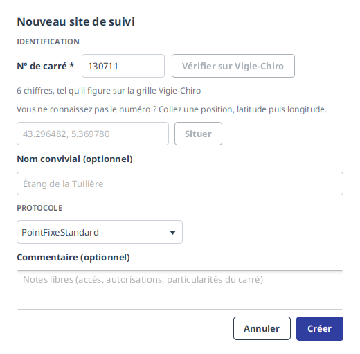 La fenêtre de déclaration après vérification : le carré cherché existe déjà sur Vigie-Chiro, et le message dit sous quel protocole et quoi faire à la place.
