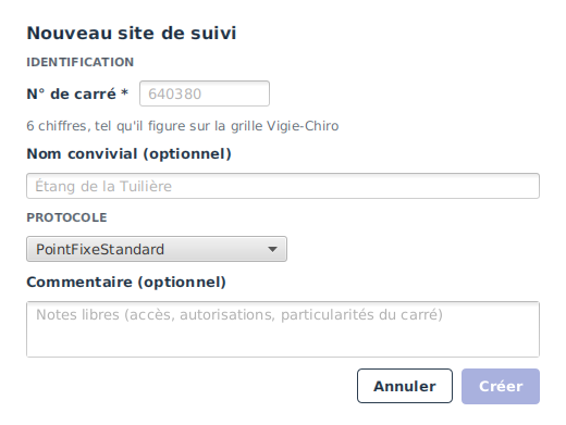 La fenêtre de déclaration d'un site : numéro de carré (obligatoire), nom, protocole et commentaire.