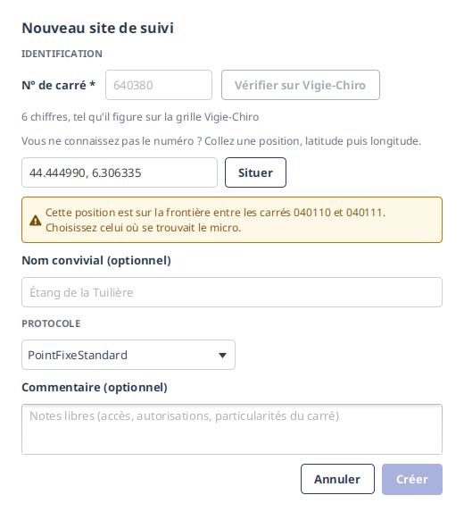 La même fenêtre quand la position tombe sur une frontière : rien n'est rempli, et un message orange nomme les deux carrés candidats.