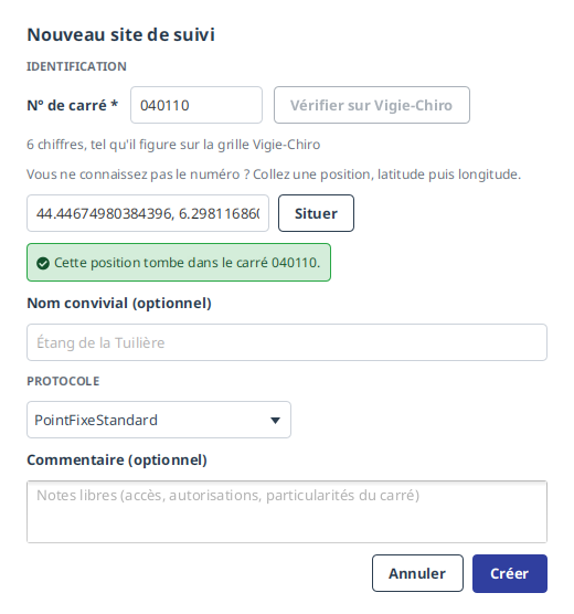 La fenêtre de déclaration après avoir situé une position : le numéro de carré s'est rempli seul, et un message vert dit d'où il vient.