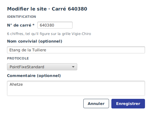 La fenêtre d'édition de la fiche site : numéro de carré, nom convivial, protocole et commentaire.