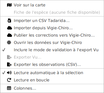 Le menu ☰ ouvert sur un passage : import du CSV Tadarida, import et publication vers Vigie-Chiro, ouverture des données sur le portail, options d'export et d'écoute. Les entrées sans objet sont grisées et disent pourquoi.