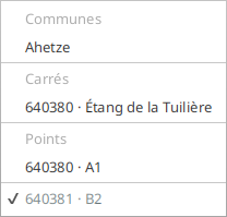 Le menu « Lieu » de Carte & passages : les valeurs offertes en haut, et en bas, isolée et grisée, la valeur cochée que les autres filtres ont mise hors jeu.